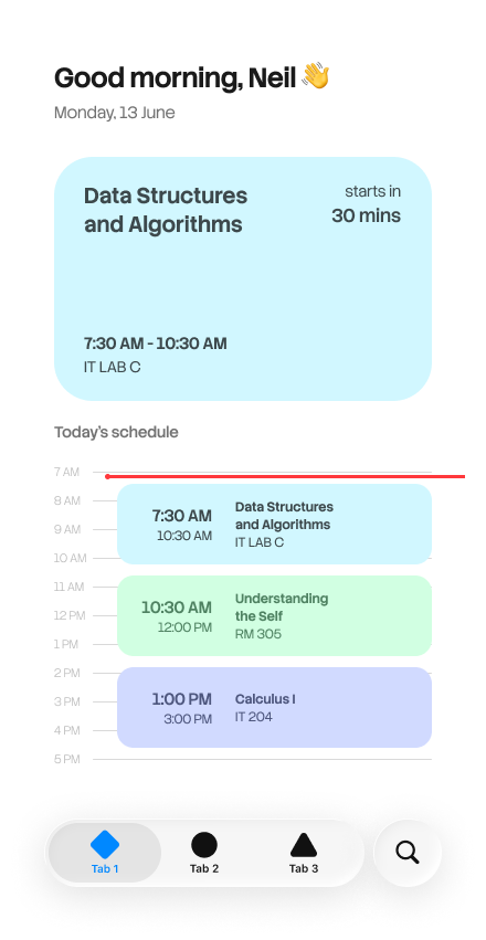 MySched app preview showing the day's class schedule